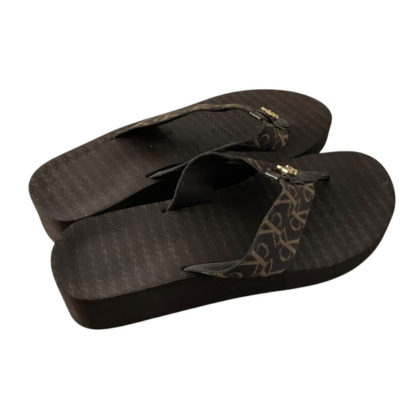Calvin Klein Platform Flip Flop Shoes Womens Size 8M Brown Monogram CK Sandals - Picture 5 of 8